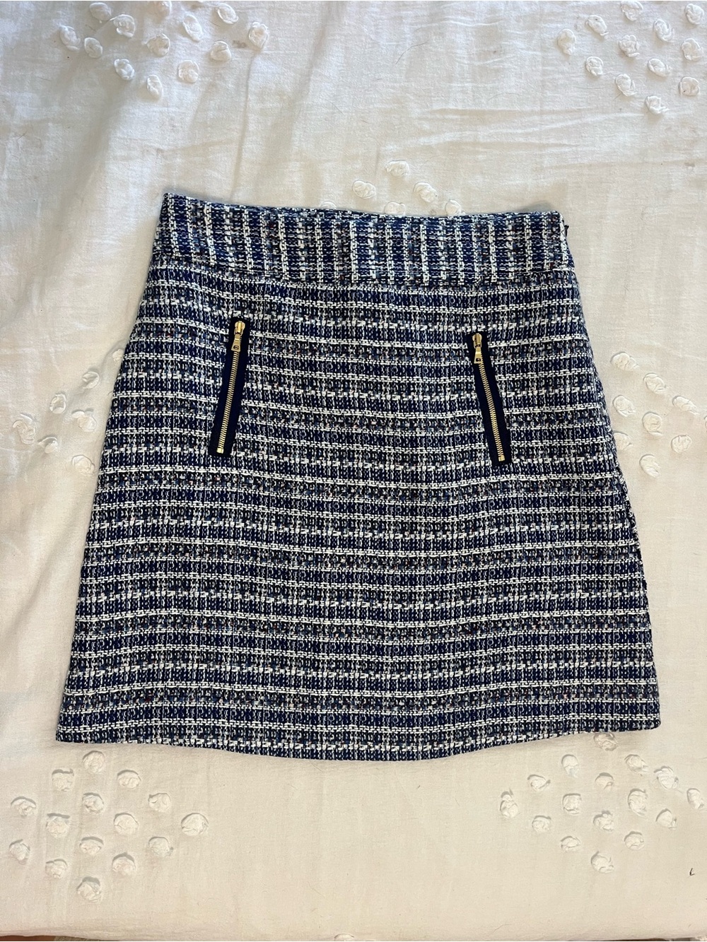 LOFT Navy and White Tweed Mini Skirt with Gold Zippers